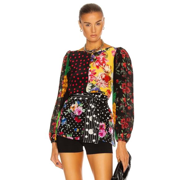 NWT DOLCE & GABBANA Printed Patchwork Blouse Belted Multicolor IT 48 L - Picture 1 of 9